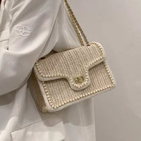 Weave Square Crossbody Bag 2022 Summer handbag New quality Straw pearl Womens Designer Handbag Pearl Chain Shoulder Bag handbag