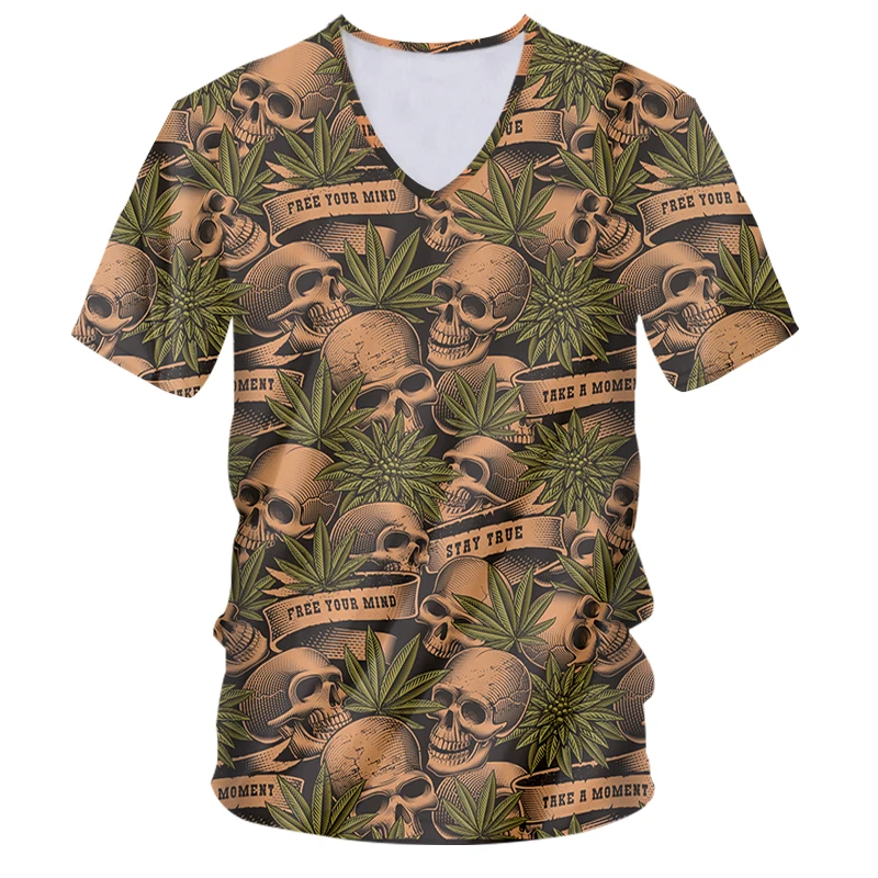 

Weed Skull New V-neck T-shirts Casual Suitable Novelty Gothic Style Horror Funny Streetwear Spring Summer Fall Unisex Tops IFPD
