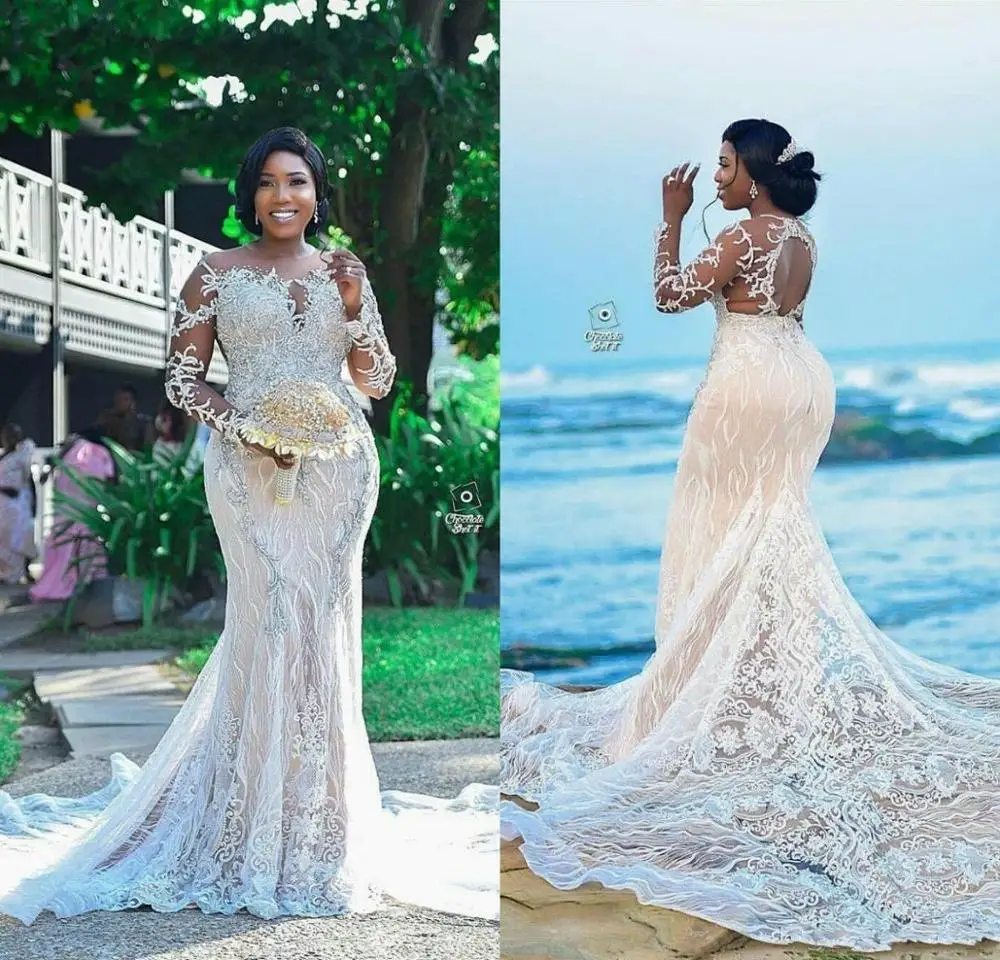 

South African Plus Size Beach Wedding Dresses 2021 Lace Applique Sheer Jewel Neck Mermaid Brides Gowns Sweep Train Long Sleeve