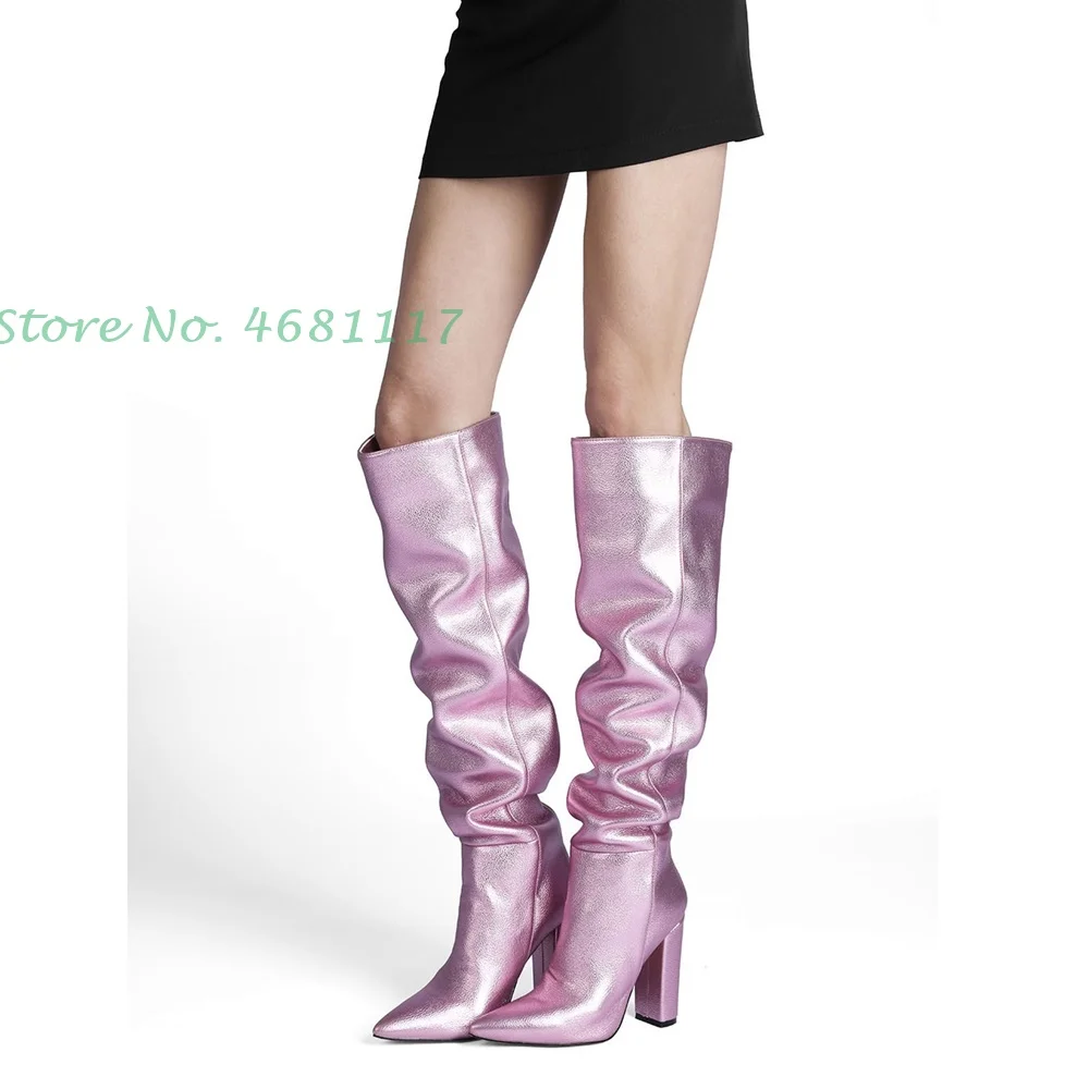 

Bright Leather Knee High Boots High Block Heel Slip On Women Stretch Pointed Toe Modern Silver High Quality Thigh High Boots