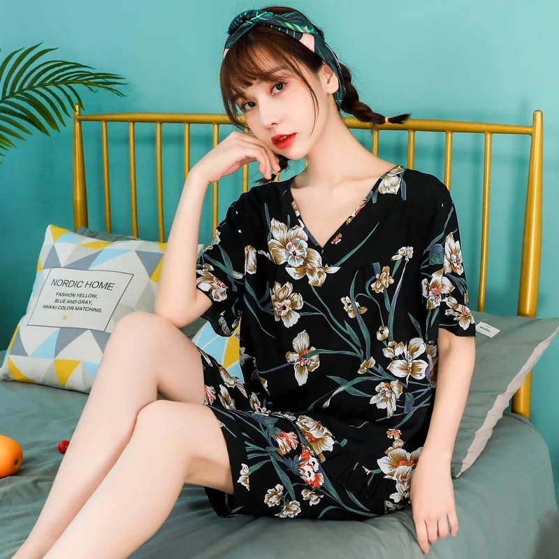 

Summer Women Printed Viscose Cotton Short Sleeve Knee-Length Pants Sleepwear Female Pajamas Pyjamas Homewear