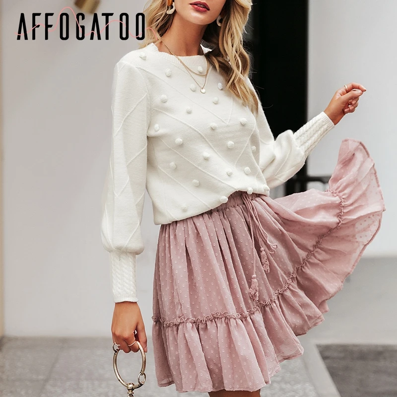 Affogatoo Elegant O neck pompon women white sweater Casual lantern sleeve knitted pullover female ladies sweet jumpers | Женская одежда