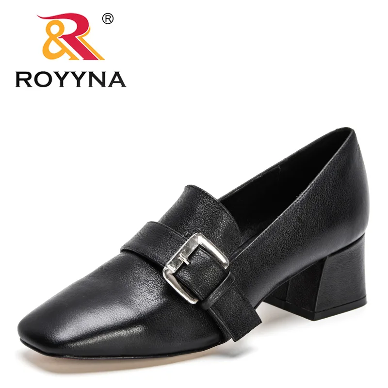 ROYYNA 2021 New Designers Thick High Heels Shoes Women Slip On Solid Color Heels Pumps Ladies Daily Dress Shoes Zapatillas Mujer