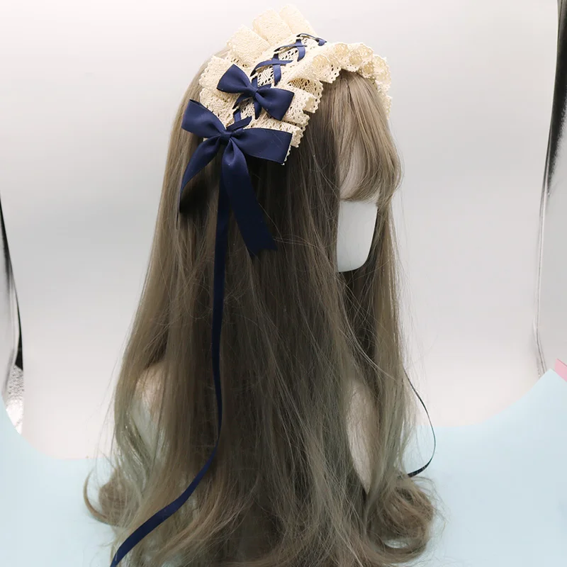 Beige And Dark Blue Мягкие японские игрушки волосы "Лолита" лента ручной работы заколка с кружевом боковая заколка Лолита Сладкий ежедневный ободок для волос Симпатичные Bowkont аксессуары для волос - Цвет: Beige And Dark Blue