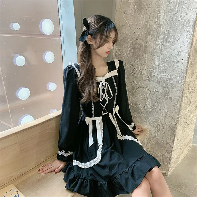 

Autumn Japanese Black Gothic Lolita Dress Vintage Victorian Soft Girl Cute Bow Lace-up Ruffles Princess Dress Women Punk Dresses