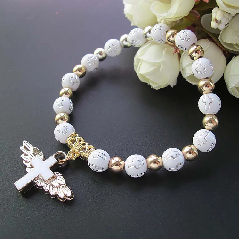 

Handmade White Red Blue Acrylic Beads Bracelet for Women Jesus Christ Cross Prayer Bracelet Angel Wing Baptism Chaplet Bracelet