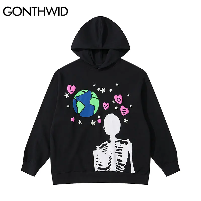 

GONTHWID 2023 Hip Hop Hoodie Sweatshirt Streetwear Earth Skeleton Print Punk Gothic Hooded Winter Harajuku Cotton Pullover Black