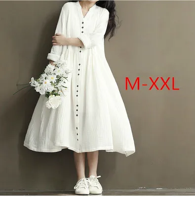 Весенне летнее платье женская одежда белое ретро хлопковое и льняное с длинным