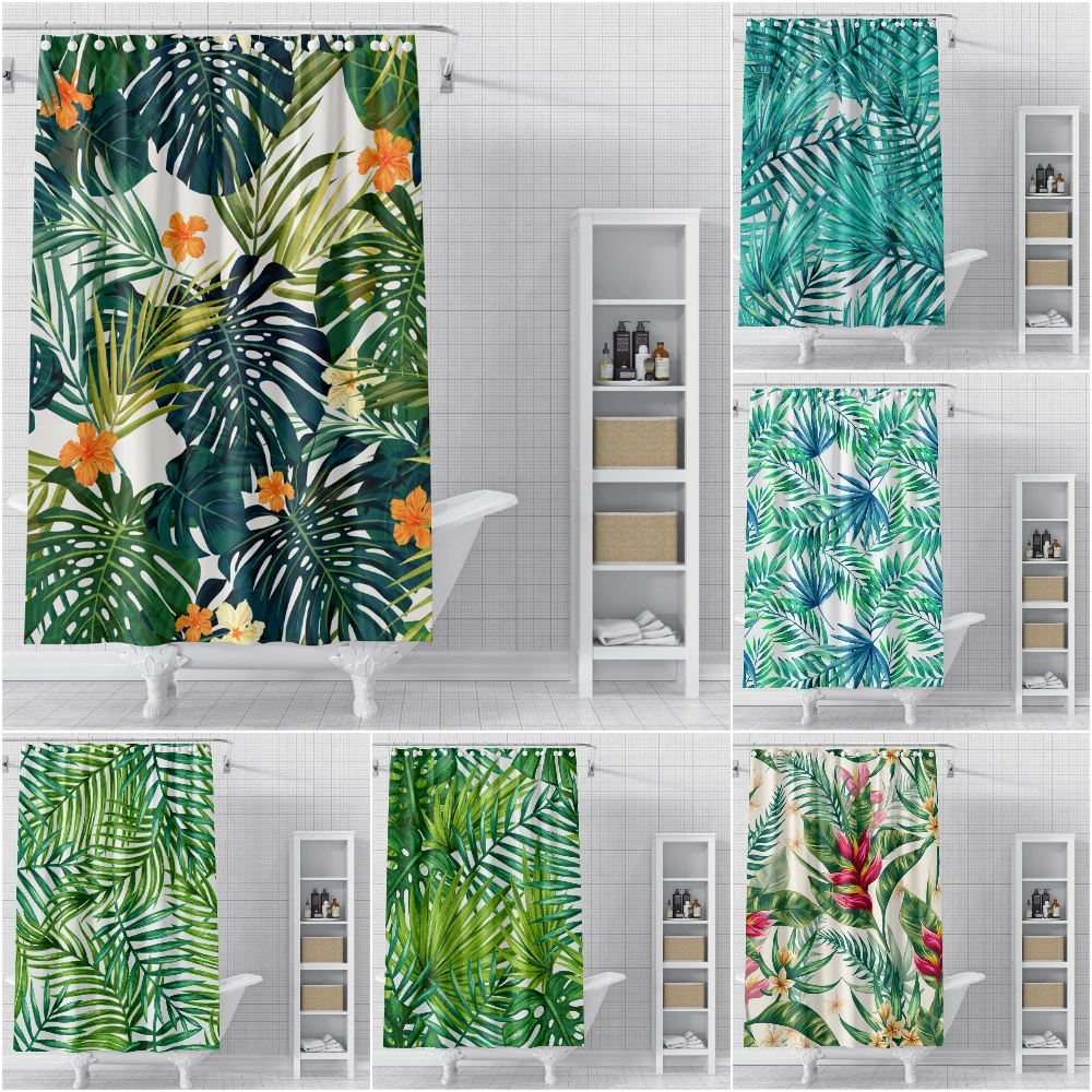 

Зеленая тропическая занавеска для ванной комнаты, водонепроницаемая занавеска для душа с принтом листьев, занавеска для ванной из натураль...