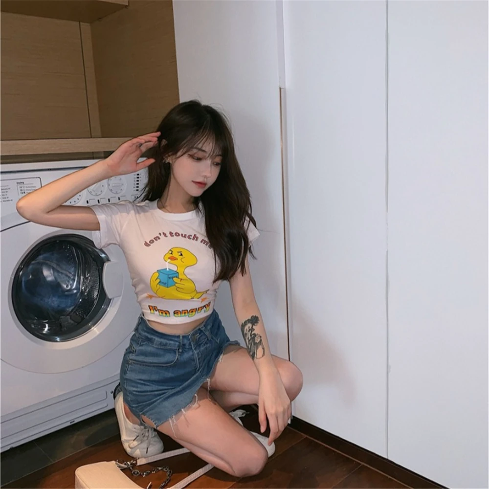 

Sexy Y2k Short Sleeve T-Shirts Girl Korea White O-Neck Print Summer Tops Fashion Casual Women Female Indie Tees 2021