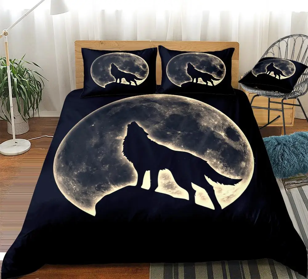 

Wolf Duvet Cover Set Howling Wolf Bed Set Full Moon Quilt Cover Black Home Textiles Animal Bedding Teens Boys Queen Dropship