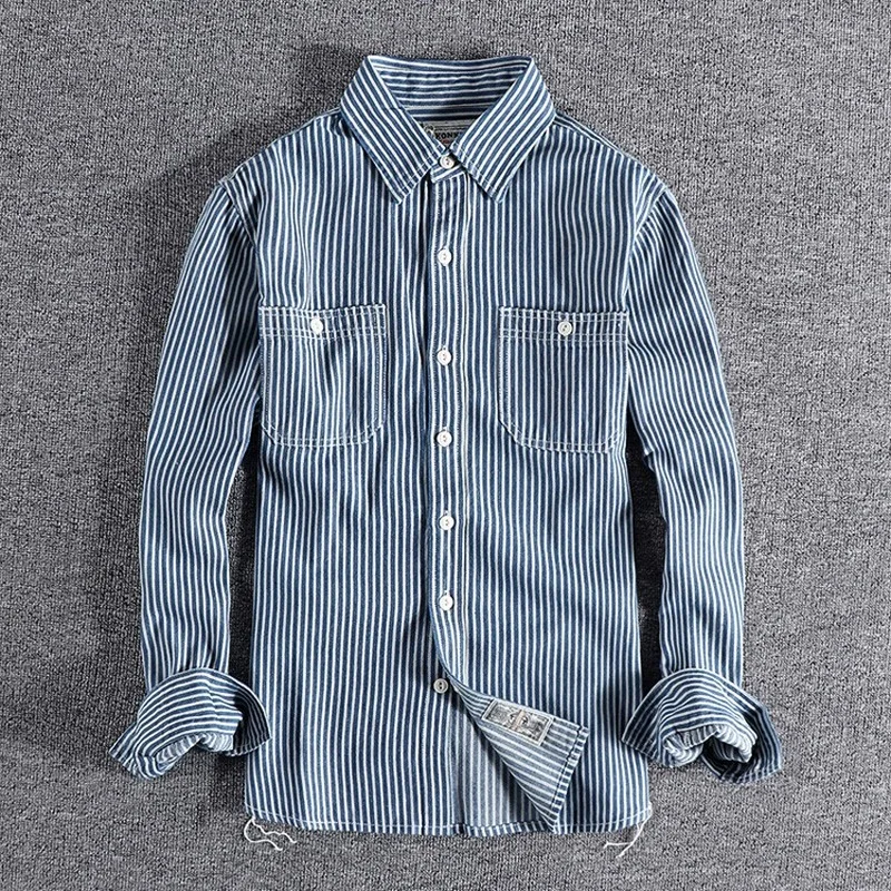 

American Retro Shirt Japanese Cotton Double Pocket Blue and White Vertical Stripes Tooling Shirt Mens Clothing
