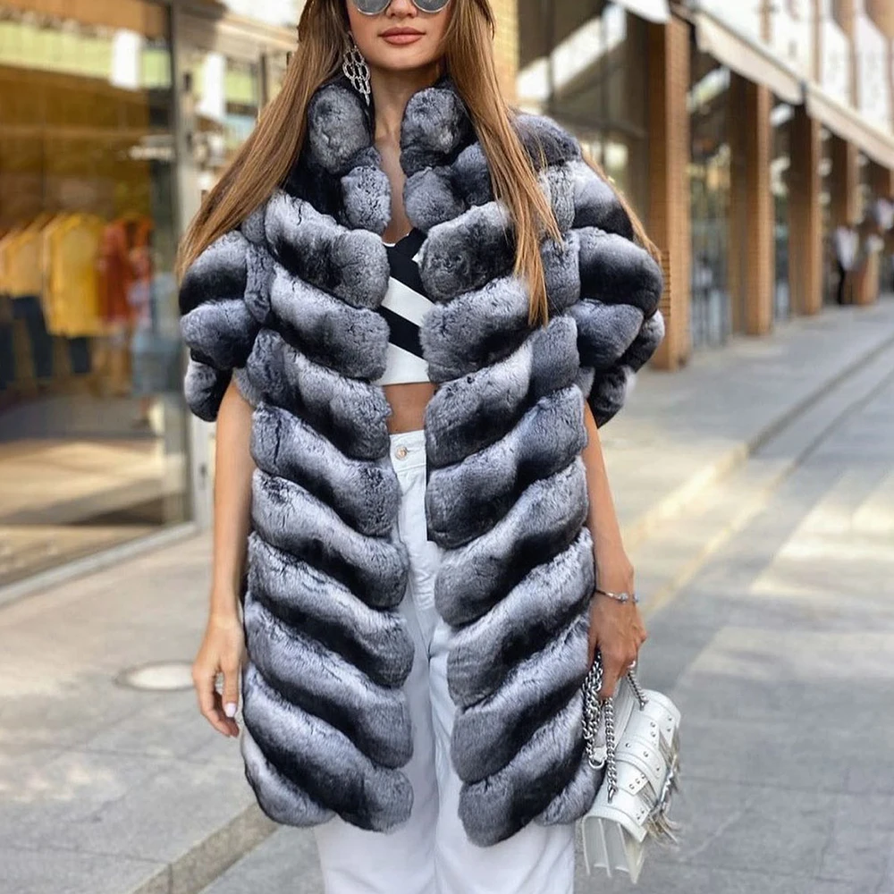 2022 New Real Rex Rabbit Fur Coats Medium Length Stand Collar Genuine Rex Rabbit Fur Coat Short Sleeve Luxury Fur Outwear Female