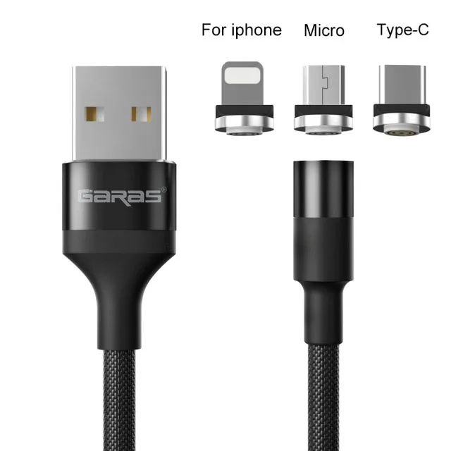 black cable 3in 1 Магнитный кабель GARAS для iphone/Micro USB/type C Магнитный кабель для быстрой зарядки 3в1 мобильный телефон для зарядки и передачи данных QC3.0 - Цвет: black cable 3in 1