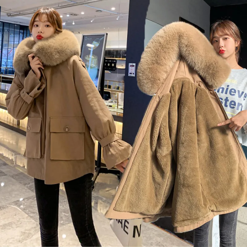 

2020 New Cotton Liner Parker Parka Fashion Plus Thick Velvet Fur Collar Winter Jacket Women Medium Long Hooded Parka Warm Coat