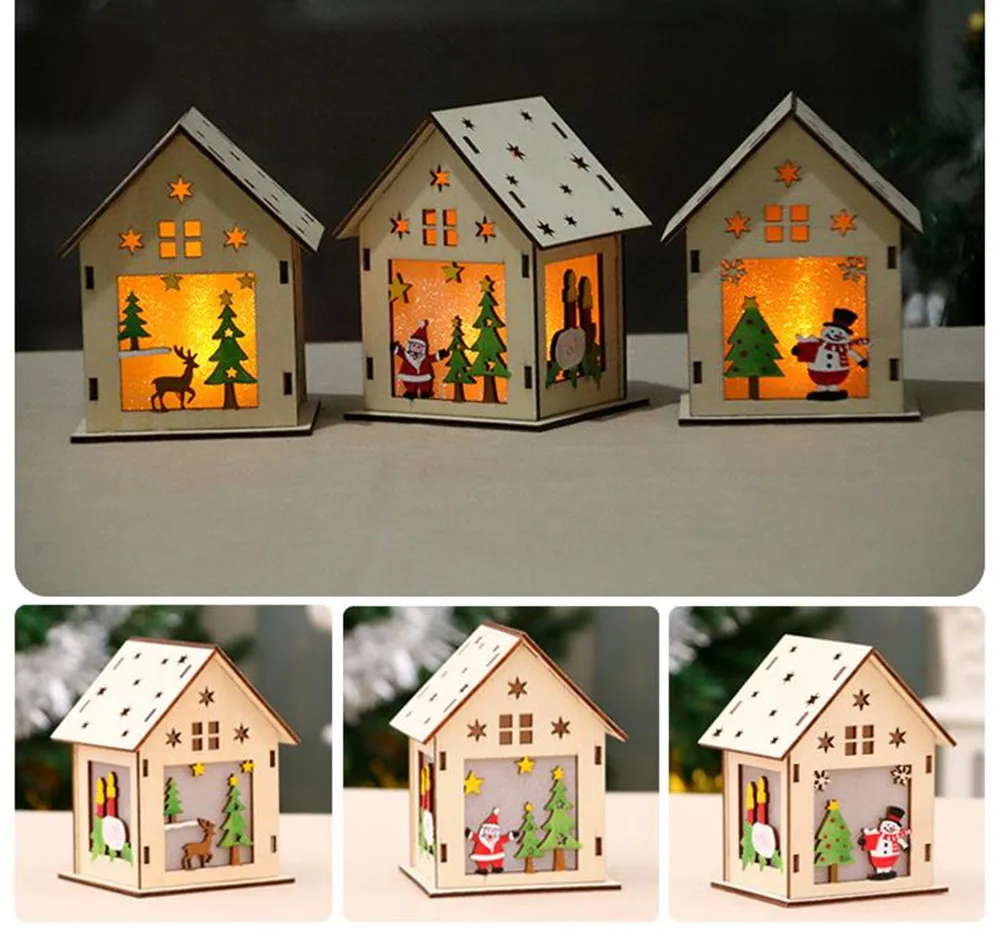 

2 Pcs Christmas Decorations Luminous Wooden House Snow House Bar Christmas Tree Decoration Ornaments DIY Gift Window Decoration