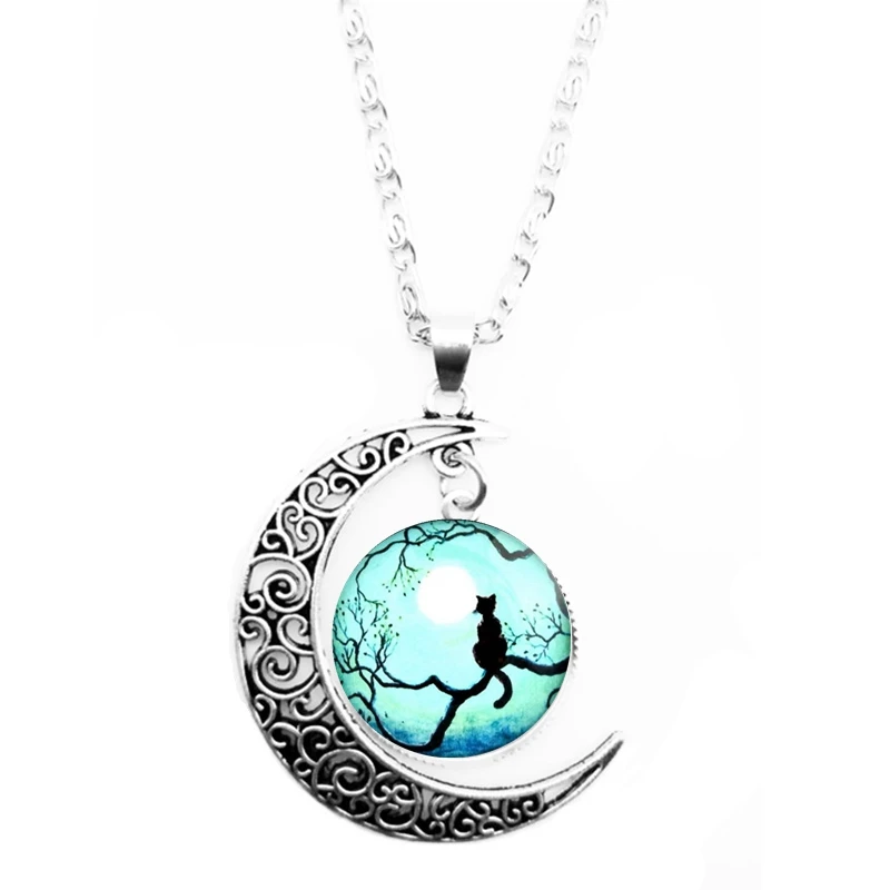 2019 New Retro Fascinating Life Tree and Cat Glass Round Moon Necklace Men's Women's Jewelry | Украшения и аксессуары