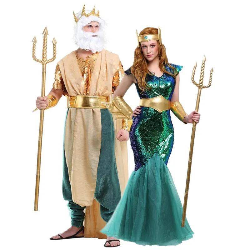 

Sexy Deluxe Couple Neptune Poseidon Mermaid Princess Cosplay Costume Halloween Carnival Party Beach Swimming Mermaid Dress