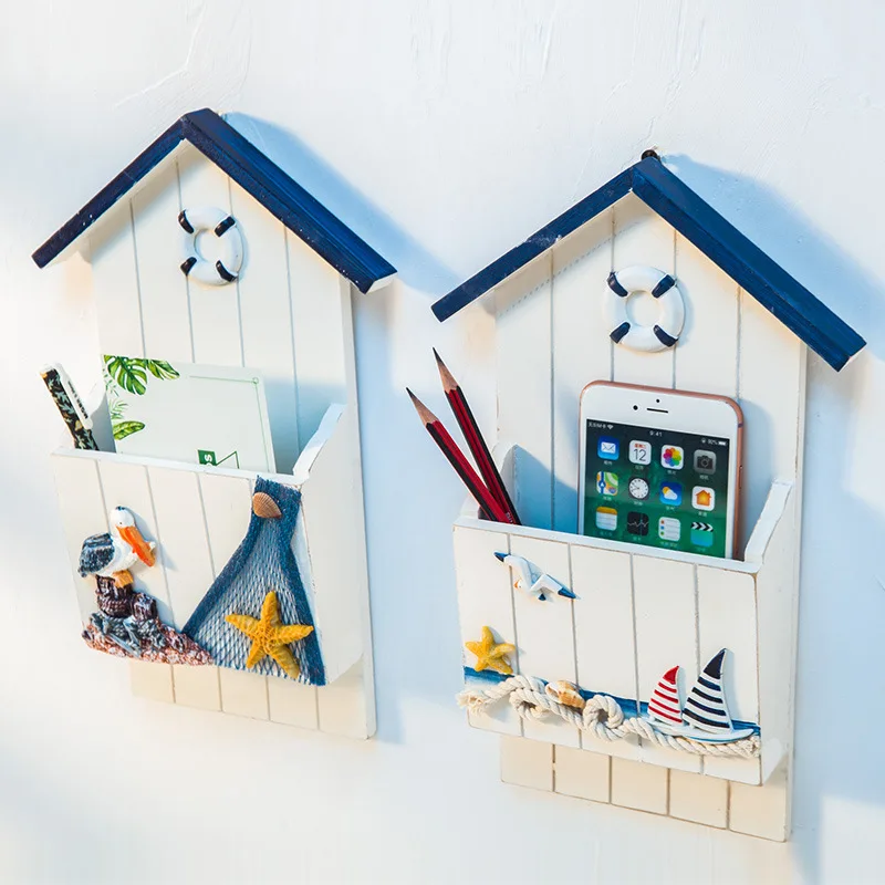 Mediterranean Style Key House Storage Box Wall-Mounted Seabird Sea Tower Wooden Pen Holder Home Wall Decor Crafts | Дом и сад