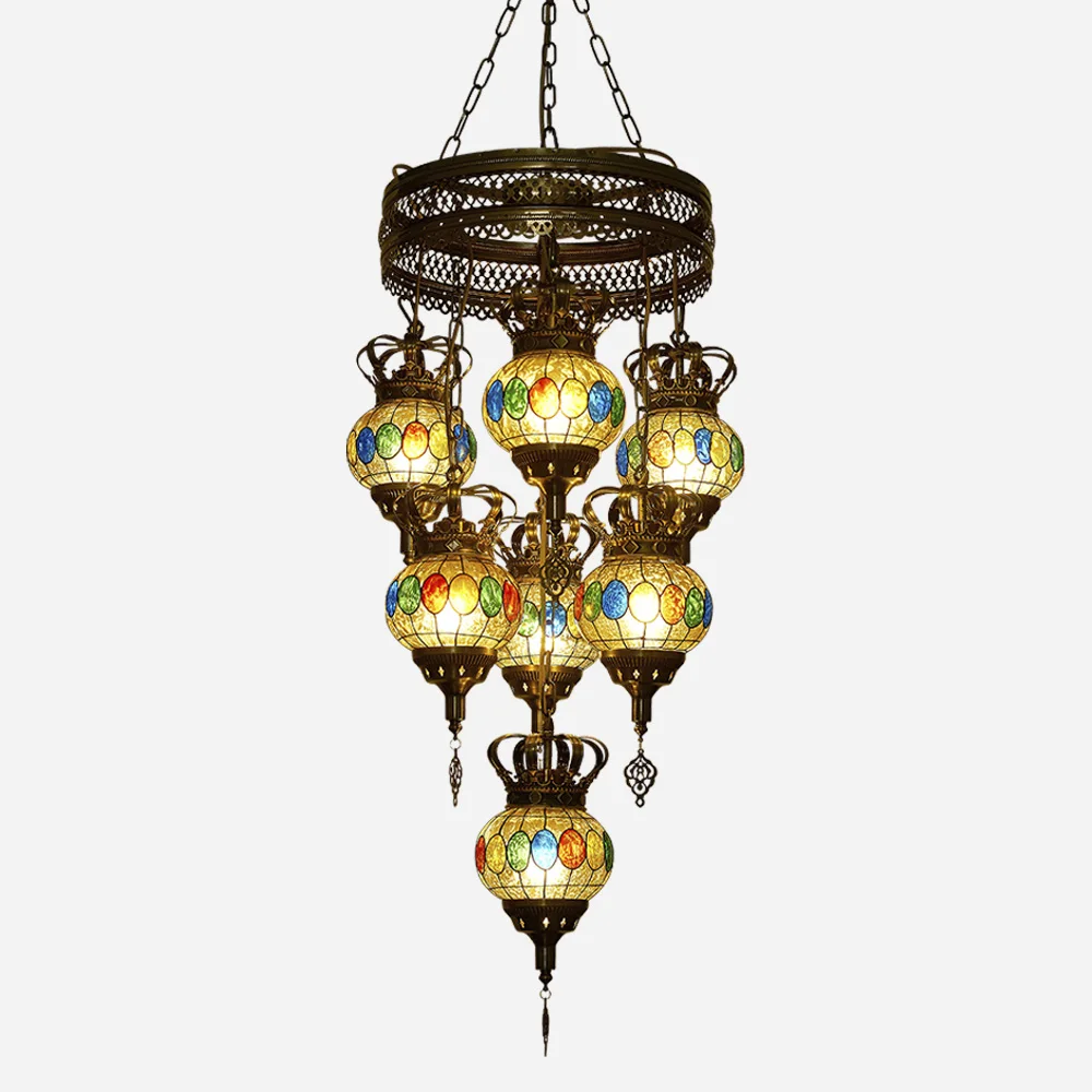 Candelabro Vintage turco E27, lámpara de cristal hecha a mano colorida, suspensión Industrial, 1/7 cabezas, para sala de estar