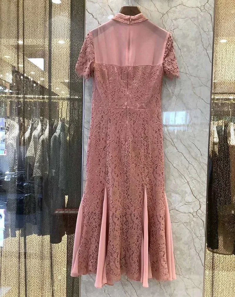 

Quality Brand Top Qipao Dress 2021 Summer Women Lace Embroidery Vintage Buttons Deco Short Sleeve Midi Elegant Mermaid Dress XL