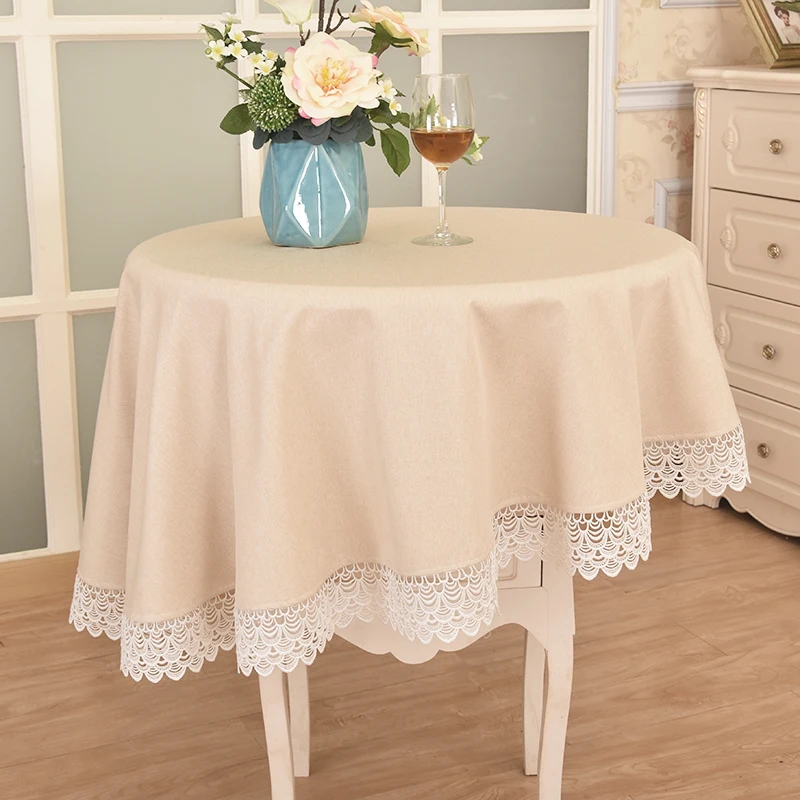 

Beige solid color Small round Tablecloth with Lace Simple cloth for Restaurant dining Table Clothes for marriage party Christmas