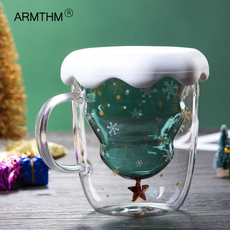 

Christmas Tree Coffee Cup Double-Layer Anti-Scald Star Wishing Cup Birthday Gifts Snowflake Thermal Insulation Milk/latte Cup