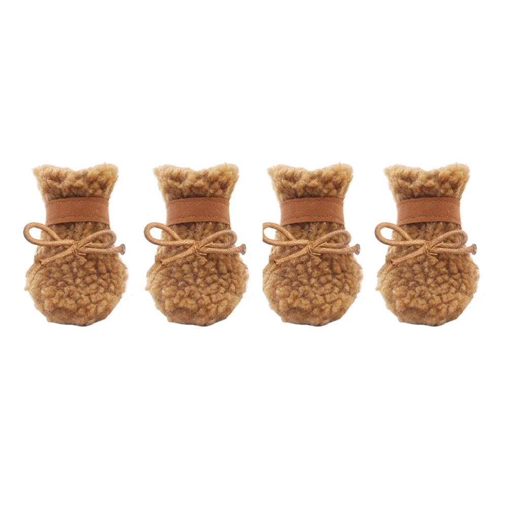 

4pcs Puppy Snow Boots Anti-slip Dog Boots Winter Plush Dog Shoes (Brown)
