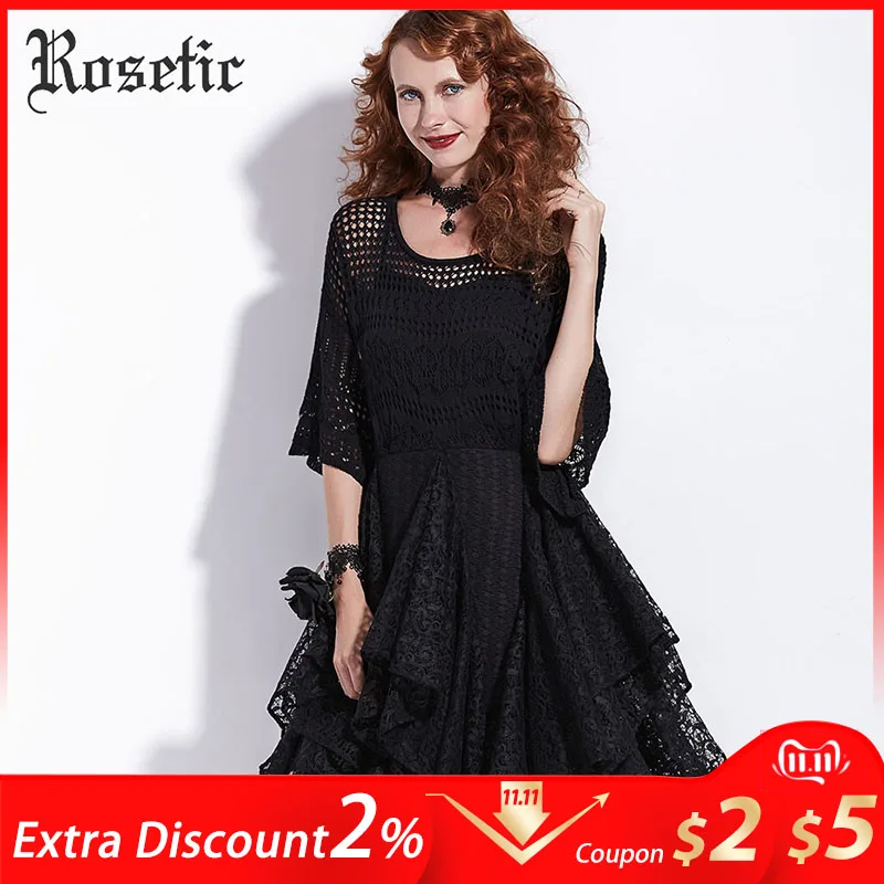 Rosetic Gothic Dress Women Black Summer A-Line Lace Hollow Flare Sleeve Double Casual Party Fashion Sexy Goth Female Dresses | Женская