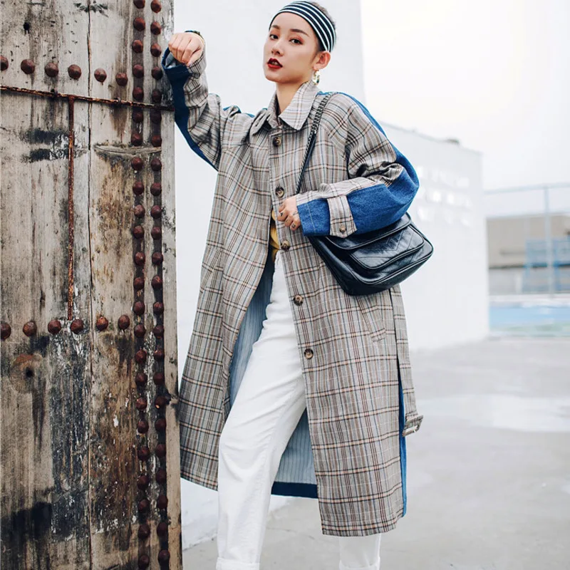 LANMREM сшитая джинсовая контрастная клетчатая однобортная ветровка с поясом