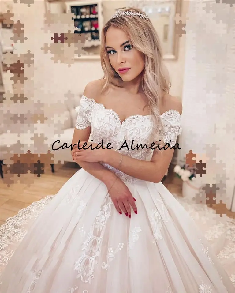 

Off-the-Shoulder Ball Gown Wedding Dresses for Women Bridal 2021 Lace Appliques Bride Dress Chapel Train Luxury Dubai Gelinlik