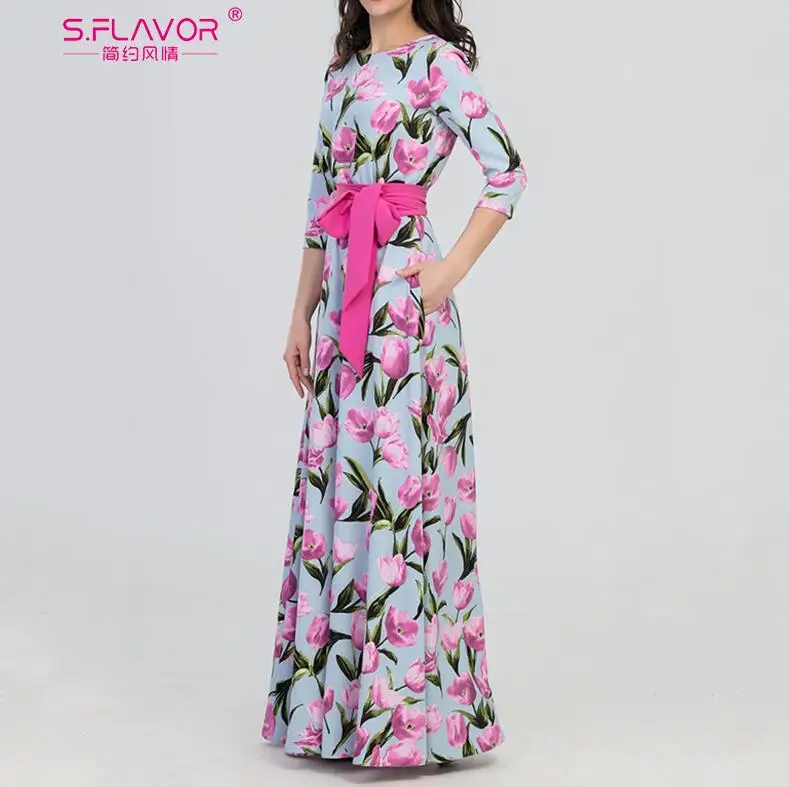 S. FLAVOR весеннее Модное Длинное платье для женщин Элегантные Вечерние Платья с цветочным принтом женские повседневные платья с круглым вырезом - Цвет: Sky blue