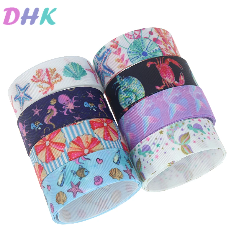 

DHK 50yards Fish Sea Animals Printed Grosgrain Ribbon Accessory Hairbow Headwear Decoration DIY Wholesale Craft S1143
