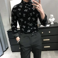 blackgreen gold velvet spring casual floral shirts men clothes 2021 long sleeve simple slim fit streetwear stretched tuxedo 3xl