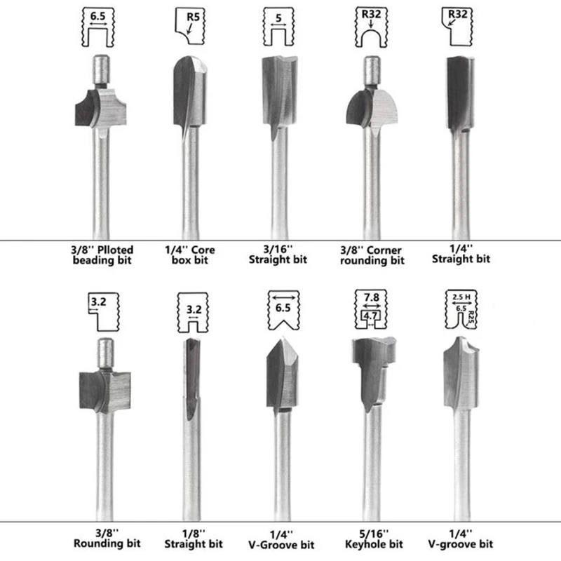 

10 Pcs Router Engraving Bits 1/8"(3mm) Shank High Speed Steel Rotary Tools for DIY Woodworking Trimming Carving Drilling