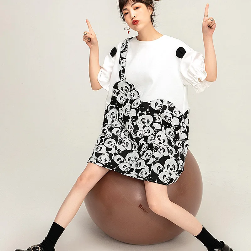 

Summer Spliced Blouse Women Lovely Panda Print Short Lantern Sleeve Woman Long Women Young Ladies Party Blousa Vestidos SY189