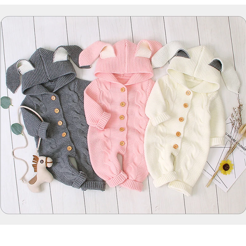 

Autumn Infant Baby Boys Girls Rabbit Ears Hooded Rompers Clothes Children Baby Boy Girl Kids Knitting Long Sleeve Rompers