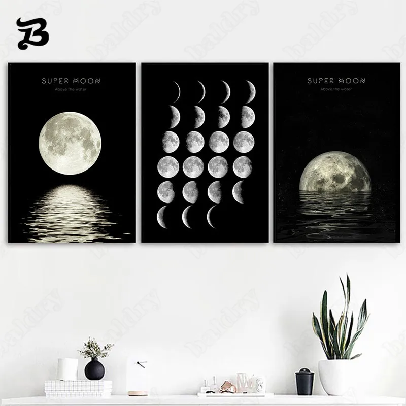 Картина на холсте Супер Луна черно-белые тонущие постеры и принты скандинавские