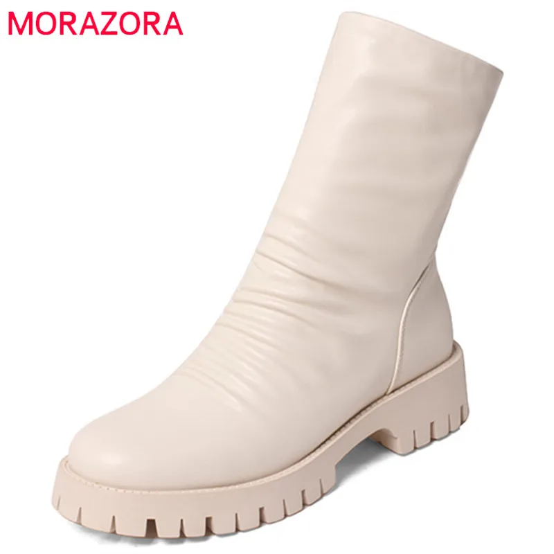 

MORAZORA 2022 New Arrive Stretch Ankle Boots Women Shoes Round Toe Square Heel Fashion Pleated Shoes Women Short Boots Black