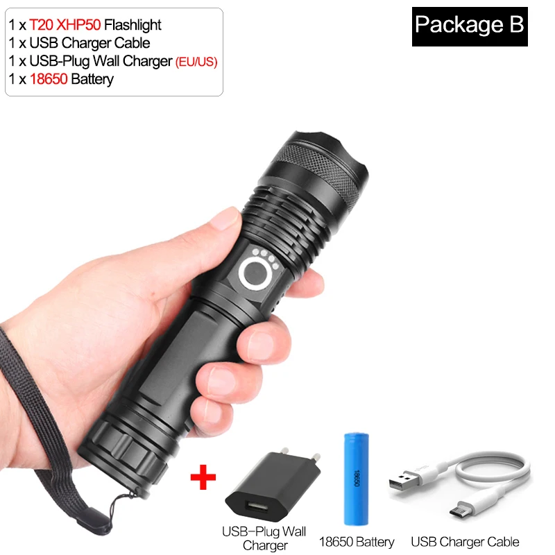 Package B 7500 люменов XLamp 3* XHP50 самый мощный светодиодный фонарик usb Zoom фонарь xhp70.2 xhp50 18650 или 26650 перезаряжаемый аккумулятор для охоты - Испускаемый цвет: Package B
