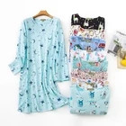 Kawaii мультяшная Ночная сорочка, Женский вязаный хлопковый лаконичный с длинными рукавами ночные рубашки для девочек, одежда для сна, милые хлопковые носки в Корейском стиле, платье для сна, пижамы