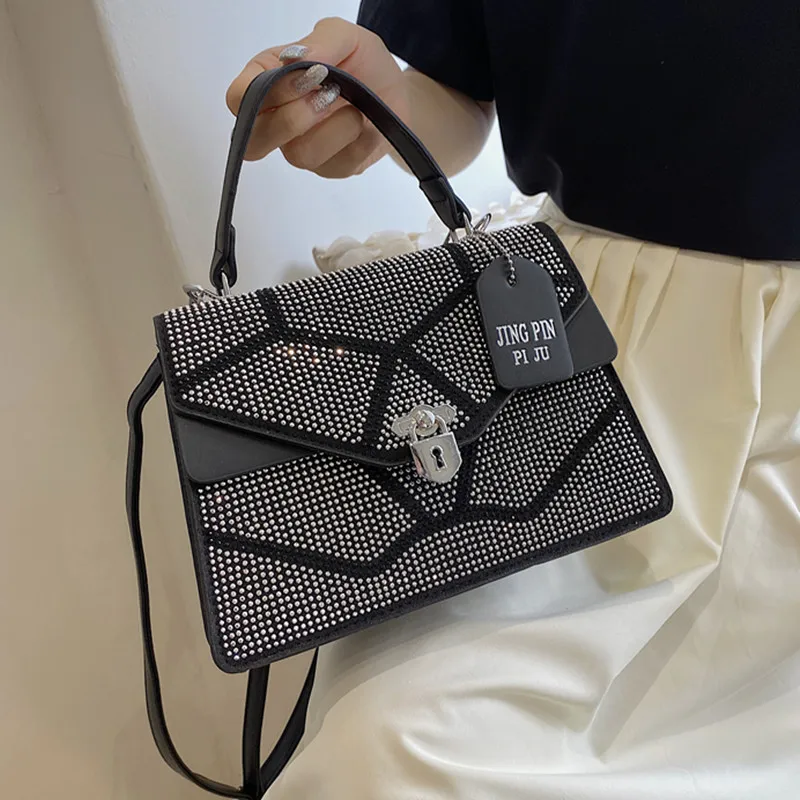 

Designer Diamond Women's Handbag Pu Leather Shoulder Bags Black Small Flap Messenger Bag Female Splice Rhinestone Crossbody Bag
