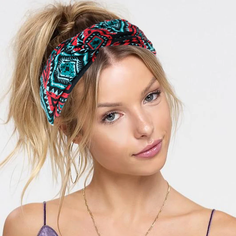 

Hot Sale Bohemian Wide-brimmed Headband for Women Girl Sports Fitness Yoga Colorful Lattice Cross Hair Band Factory Direct Sales