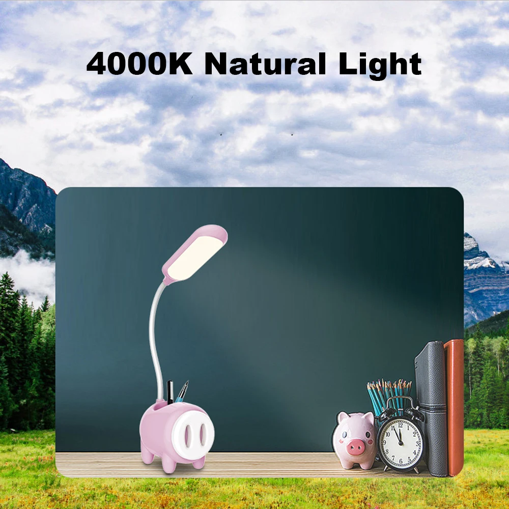 

USB Charging Mini Pig Shape Pen Holder LED Table Lights Cute Touch Type 3 Levels Dimming Adjustable Silicone Hose ReadDesk Lamps