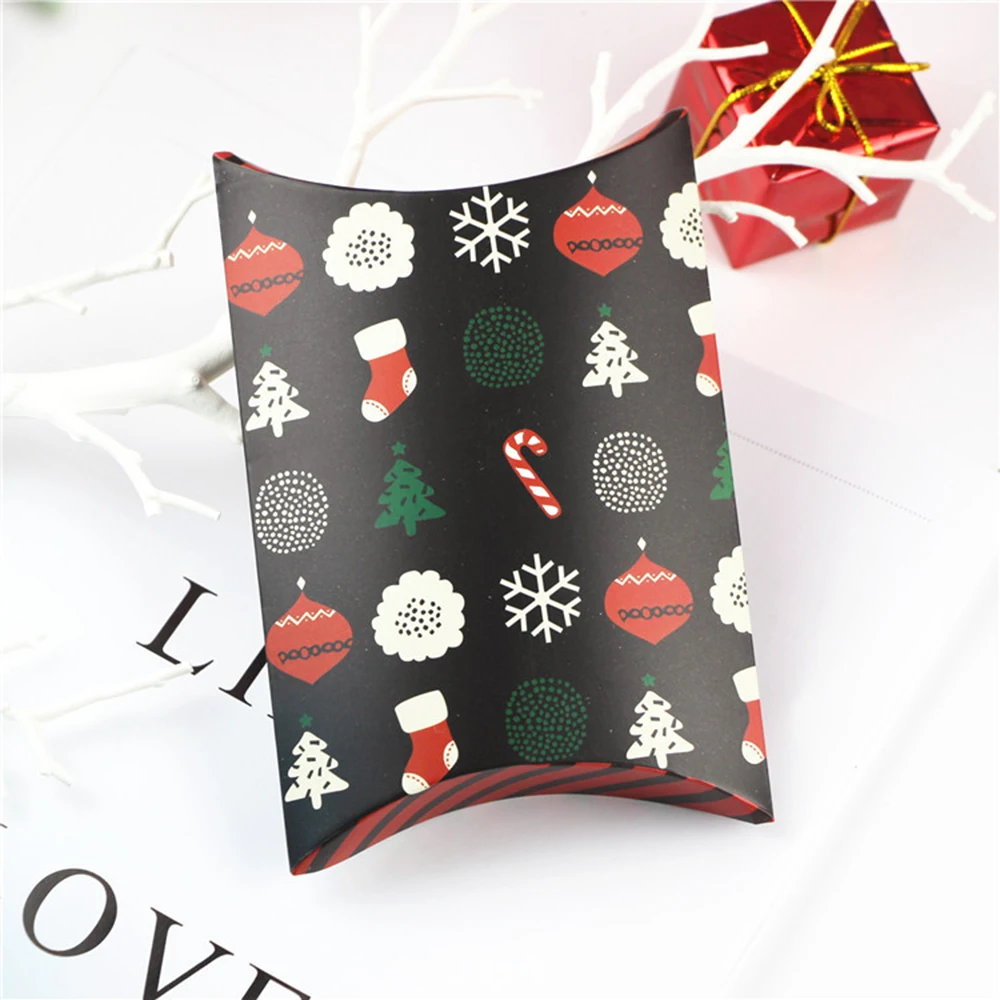 10PCS Christmas Candy Gift Box Pillow Box Santa Elk Cookie Box Origami Baking Packaging Holiday Theme Box Holiday Decoration