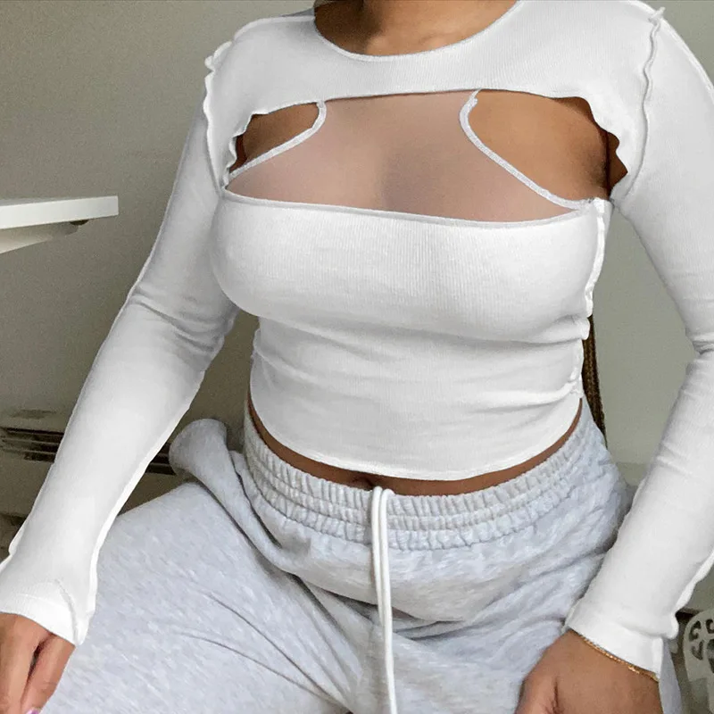 

SEASONS Mesh Sexy White Long Sleeve T Shirts Black Autumn Summer See Through Green Y2K Hollow Out Crop Top Women 2021 ASTS83814
