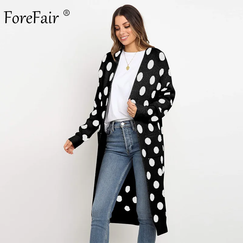 Forefair, повседневный длинный кардиган в горошек, женский, с карманами, Вязанная одежда, мода, Осень-зима, вязанный, размера плюс, женский свитер - Цвет: Black Cardigan