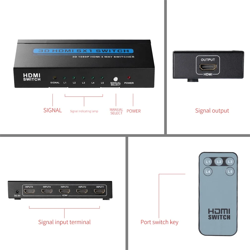 Цифровой 3/5 Порты и разъёмы HDMI переключатель с пультом дистанционного управления ИК Беспроводной пультом дистанционного управления и AC Мощность адаптер HDCP 1,3 отвечающих требованиям глубокий Цвет до 12-разрядный UK/штепсельная вилка европейского стандарта