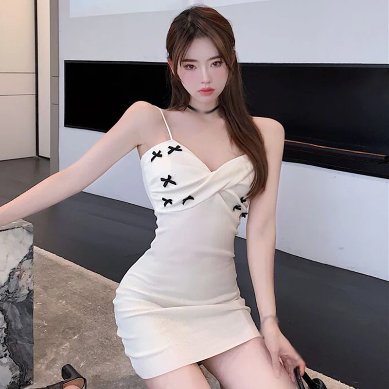 

Summer Sexy Casual Bow Sling Skirt Women Sleeveless Solid Color V-Neck Sling Top Dress