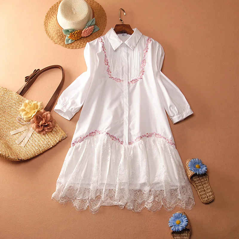 

A- Line Dress Women Summer and Spring 2020 Cotton Casual Ladies Dress Three Quarter Sleeve Embroidered Striped Women Clothing